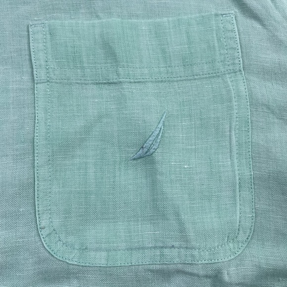 Nautica Shirt Mens Medium Green Linen Short Sleeve Collared Button Up Coastal‎ - Picture 3 of 12